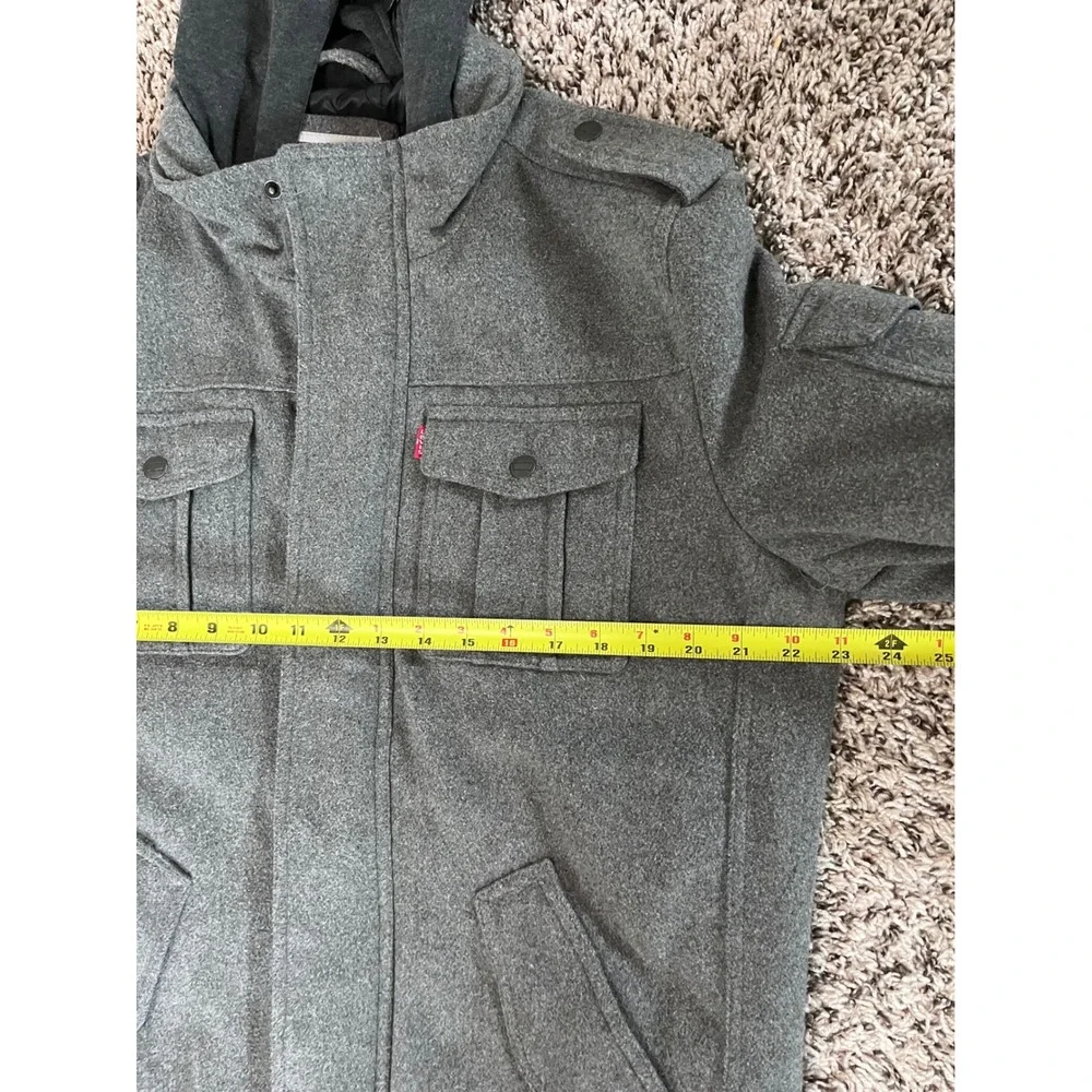 Levis Mens Gray Wool Blend Hooded Military Field Jacket Size M Epaulets Quilted